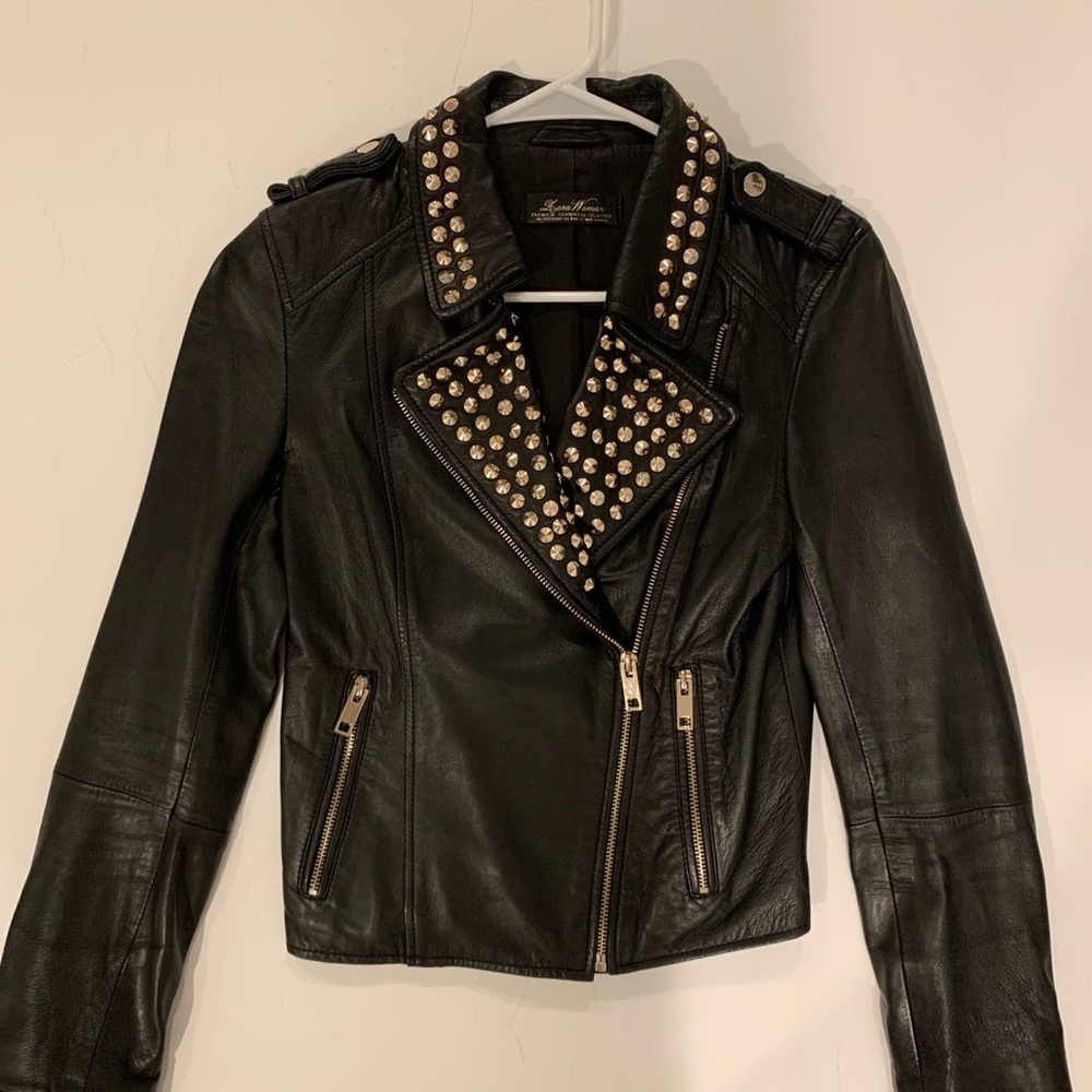 Zara Punk Women Leather Jacket Black With Rivets S